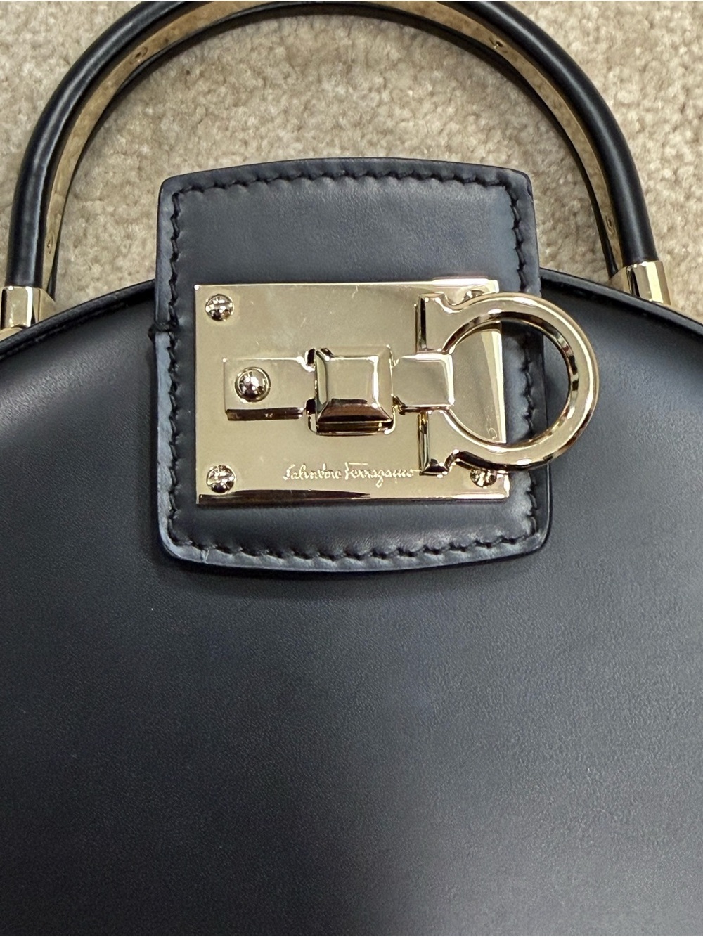 Salvatore Ferragamo Black Round Top-Handle Mini Bag with Gold Hardware - Picture 5 of 7